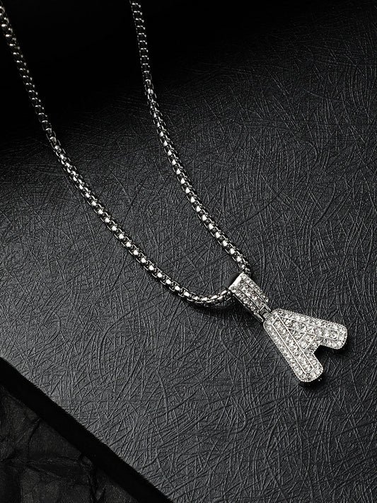 Embellished A Alphabet Pendant with Chain - Silver