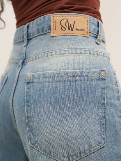 Faded Blue Washed Ultra Wide Leg Jeans