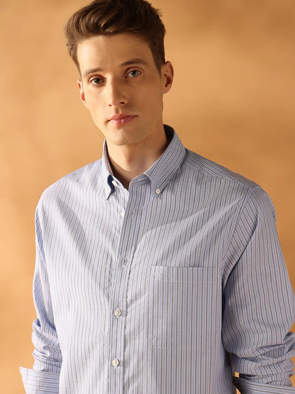 Blue Regular Fit Stripes Formal Shirt for Men (OVULO)