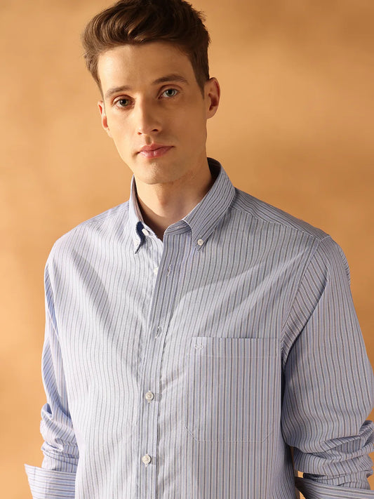 Blue Regular Fit Stripes Formal Shirt for Men (OVULO)