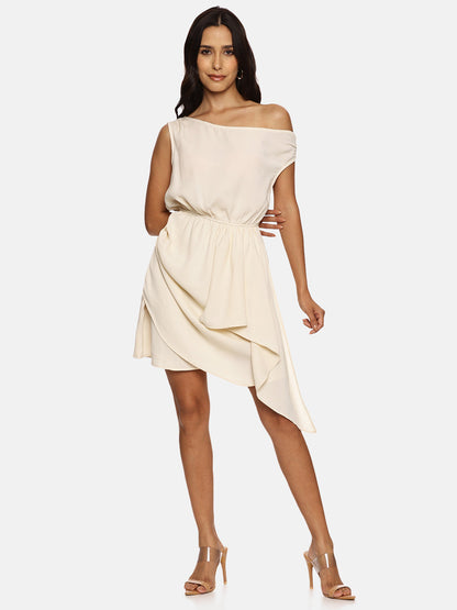 IS.U Solid Off-White Ruffle Dress
