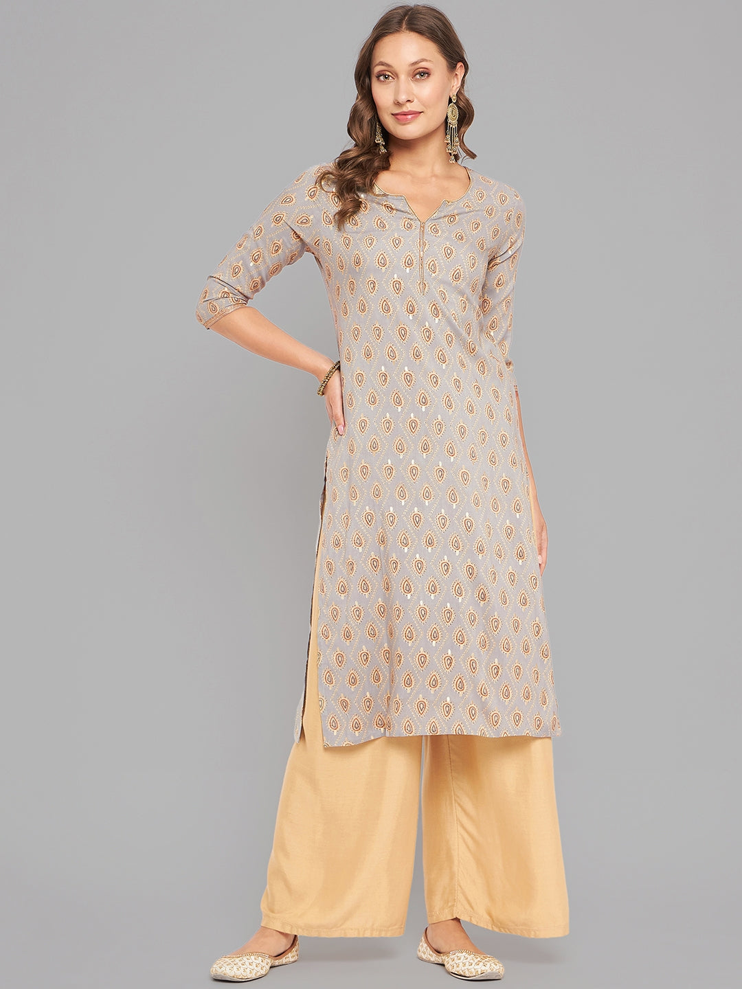 Women Grey Ethnic Motifs Printed Kurta With Piping