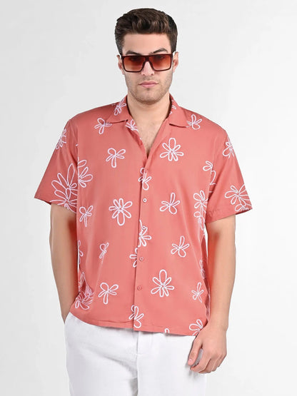 Men's Box-Fit Floral Embroidered Linen Coral Shirt Vellure