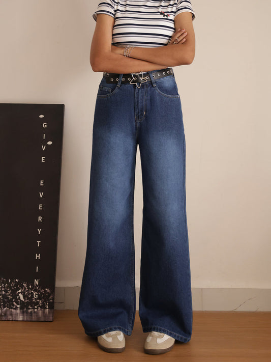 Classic Blue Washed Wide Leg Jeans