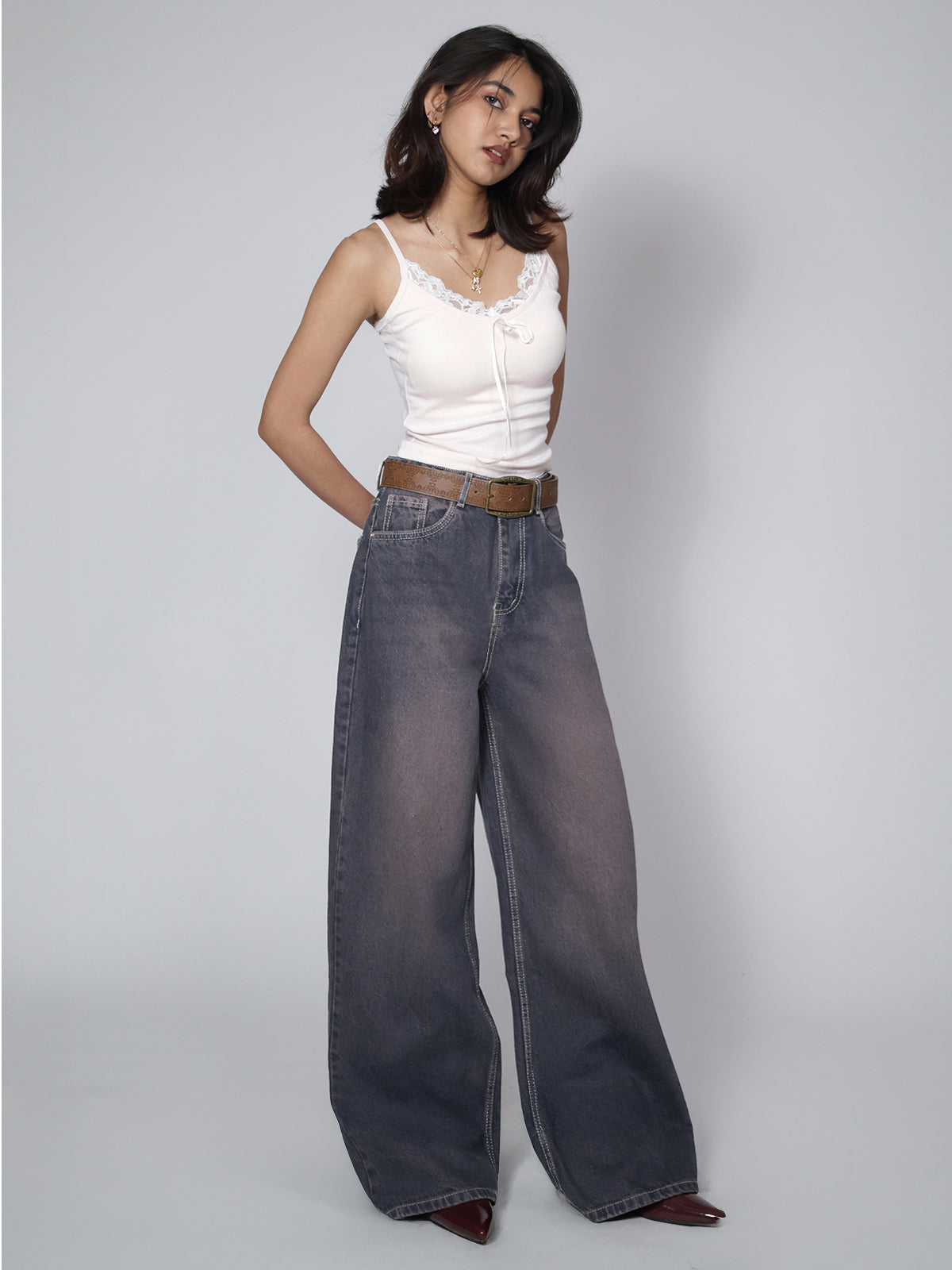 Burnt Blue Washed Wide Leg Jeans