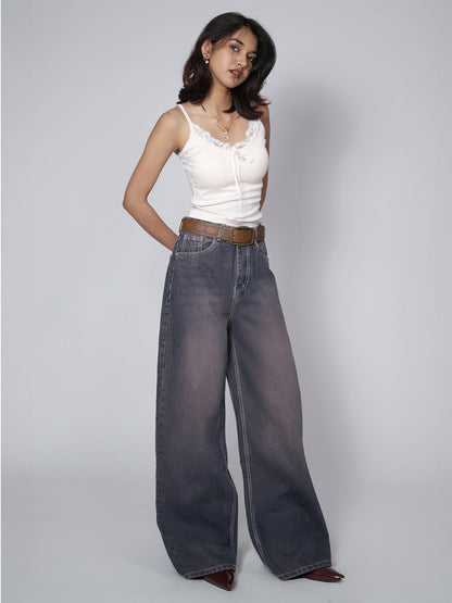 Burnt Blue Washed Wide Leg Jeans