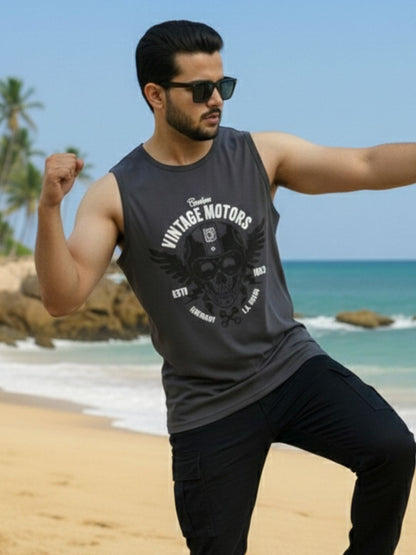 Plus Size Men's Maroon Black and Dark Grey Printed Cotton Sleeveless Combo Vest T-Shirt-Pack of 2