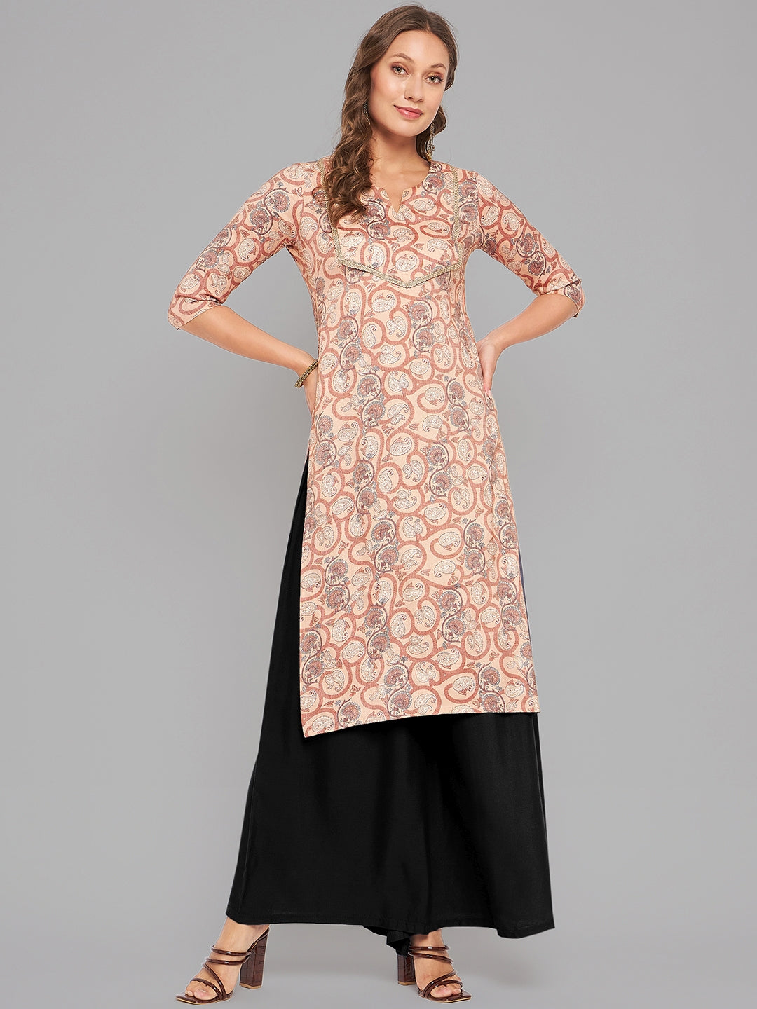 Women Brown Printed Straight Kurta Krya