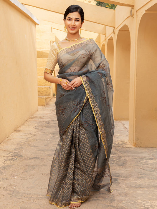 Grey Palm Tree Organza Saree