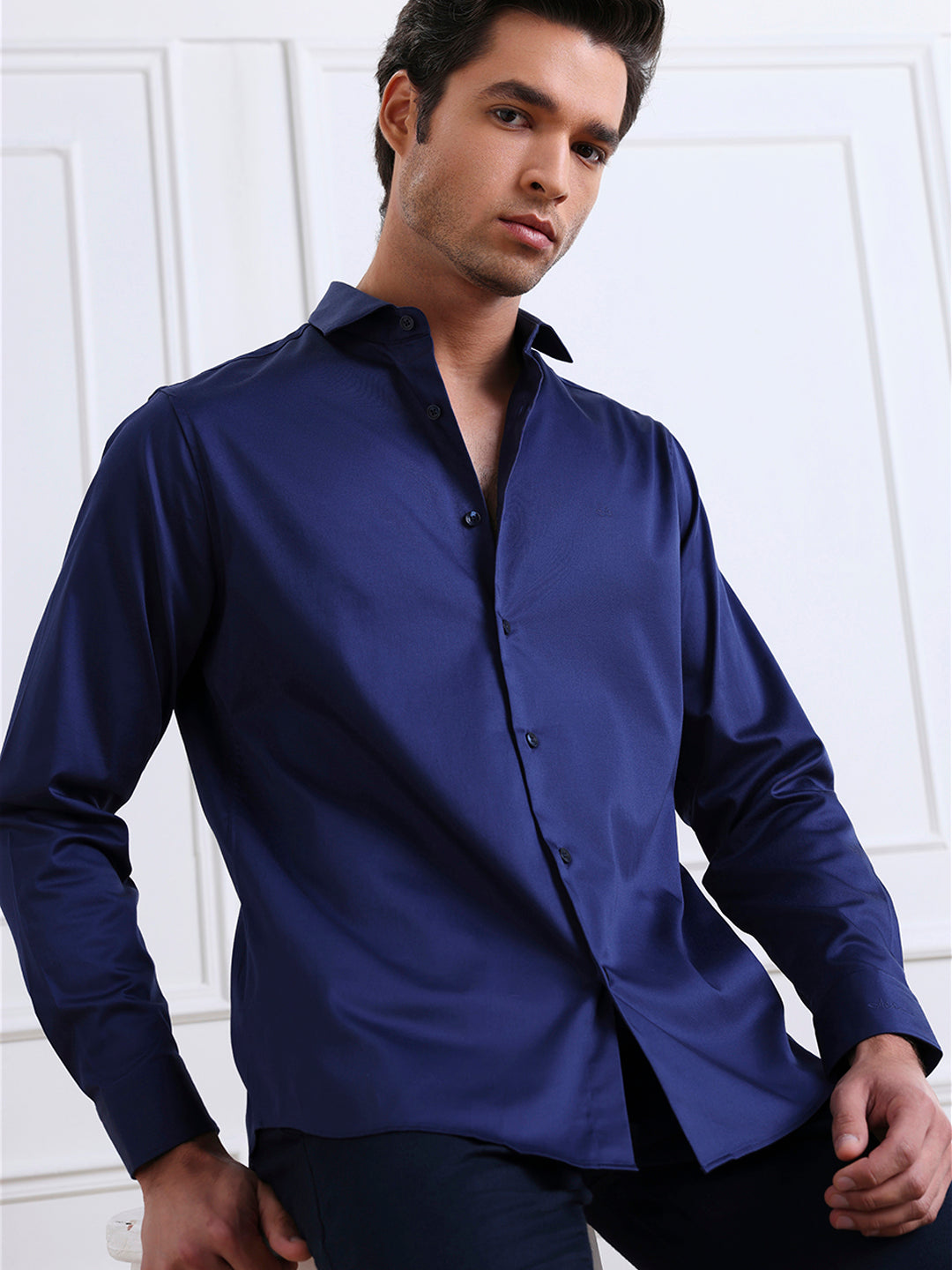 Navy Blue Regular Fit Solid Casual Satin Shirt for Men (BENITO)