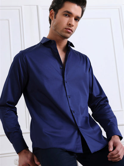 Navy Blue Regular Fit Solid Casual Satin Shirt for Men (BENITO)