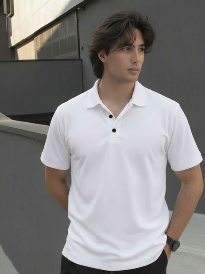 Men White Solid Cotton Polo Collar Half Sleeve Regular Fit T-Shirt