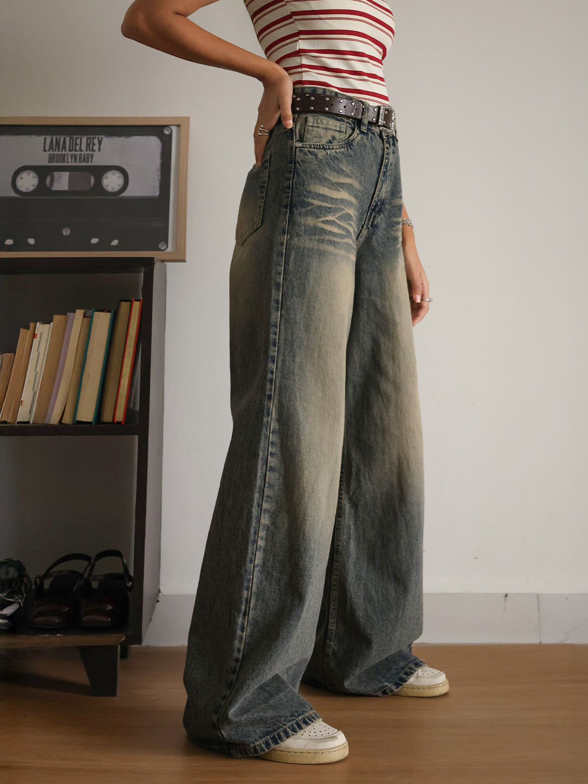 Grunge Blue Dirty Wash Super Wide Leg Jeans