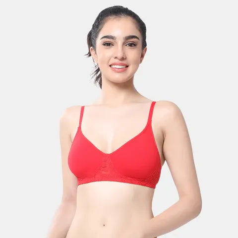 Red t shirt lace bra Envie non wired non padded 3/4th coverage seamless lace bra invisible under clothes daily wear
