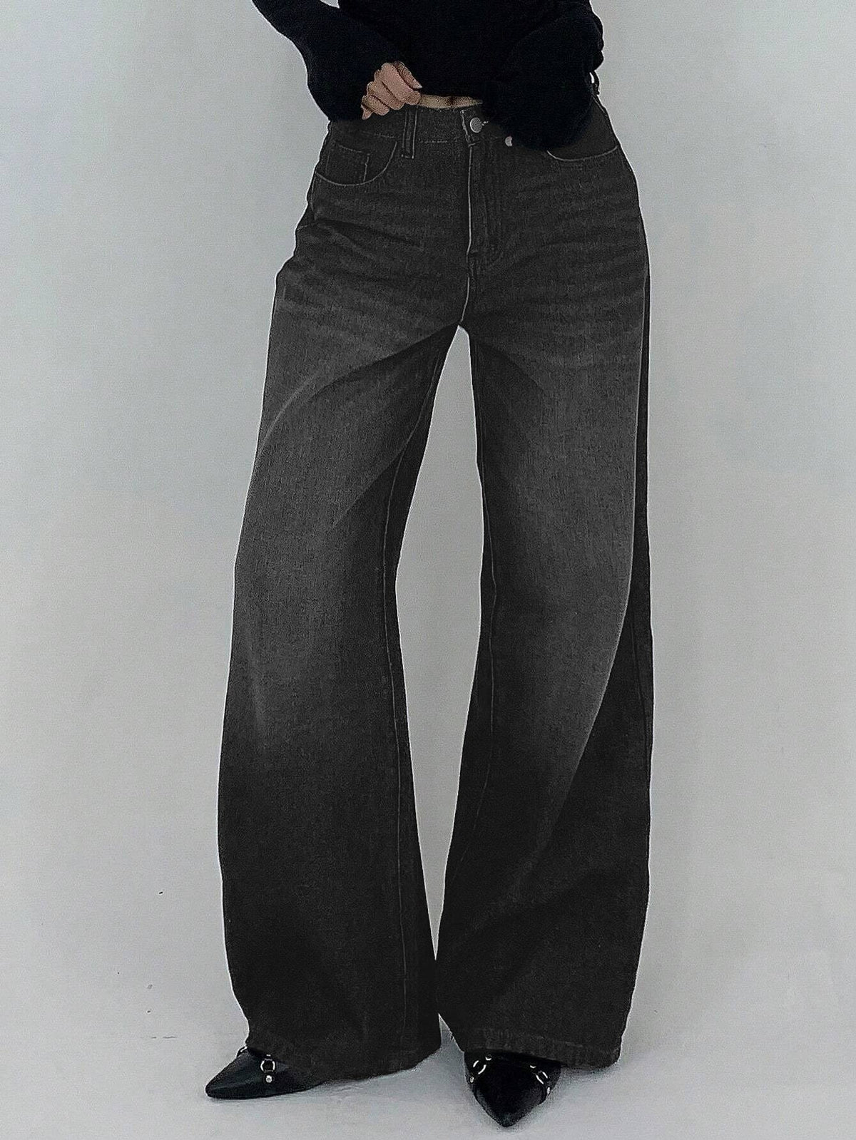 Space Black Washed Wide Leg Jeans
