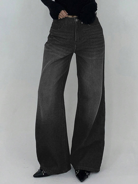 Space Black Washed Wide Leg Jeans