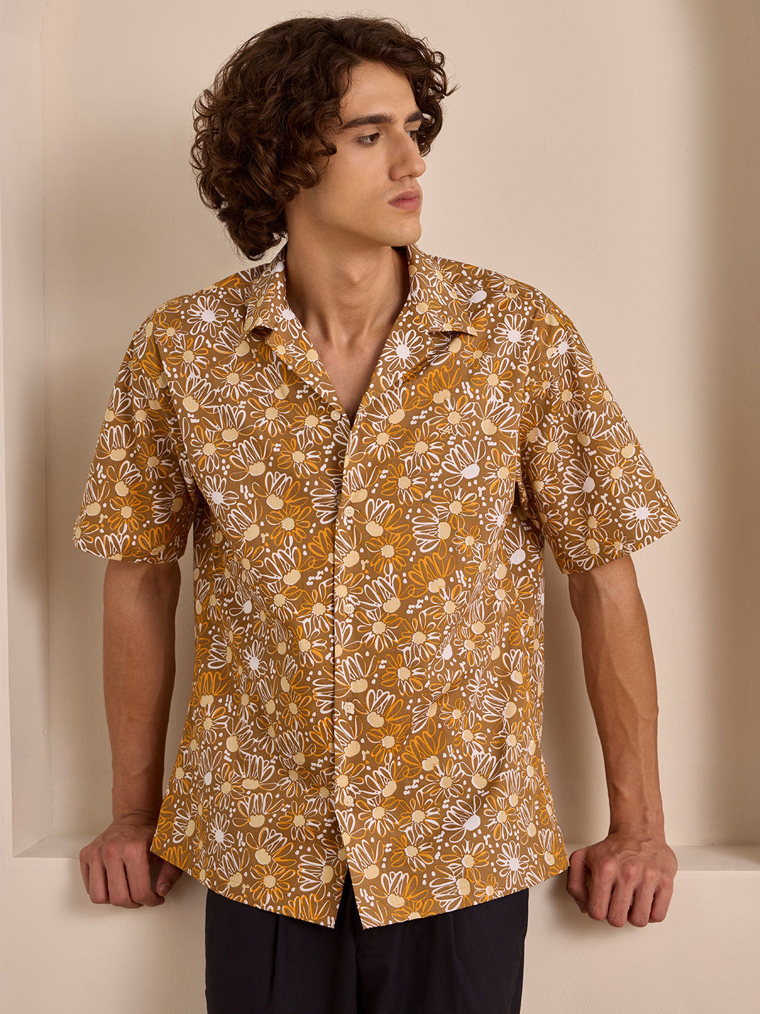 Beige Regular Fit Printed Casual Cotton Shirt for Men (LUNAX)