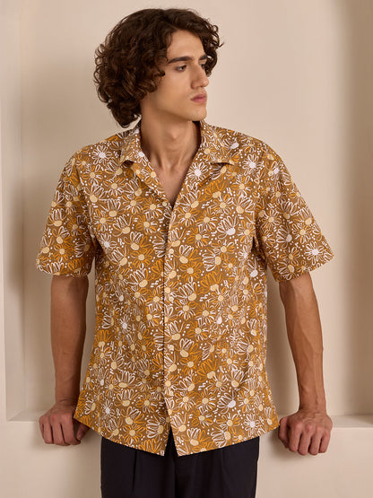 Beige Regular Fit Printed Casual Cotton Shirt for Men (LUNAX)