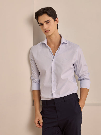 White Slim Fit Striped Formal Poplin Shirt for Men (LIVAN)