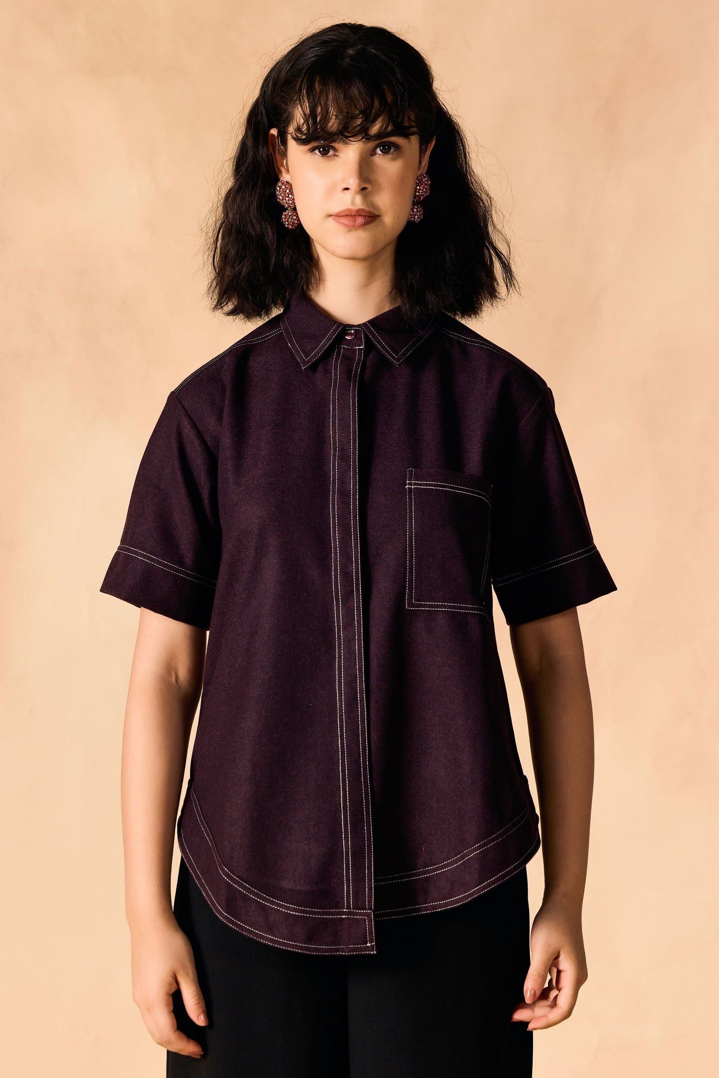 Contrast Stitch Button-Up Casual Oversized Shirt