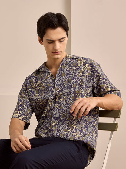Navy Blue Regular Fit Printed Casual Cotton Shirt for Men (LUMAS)