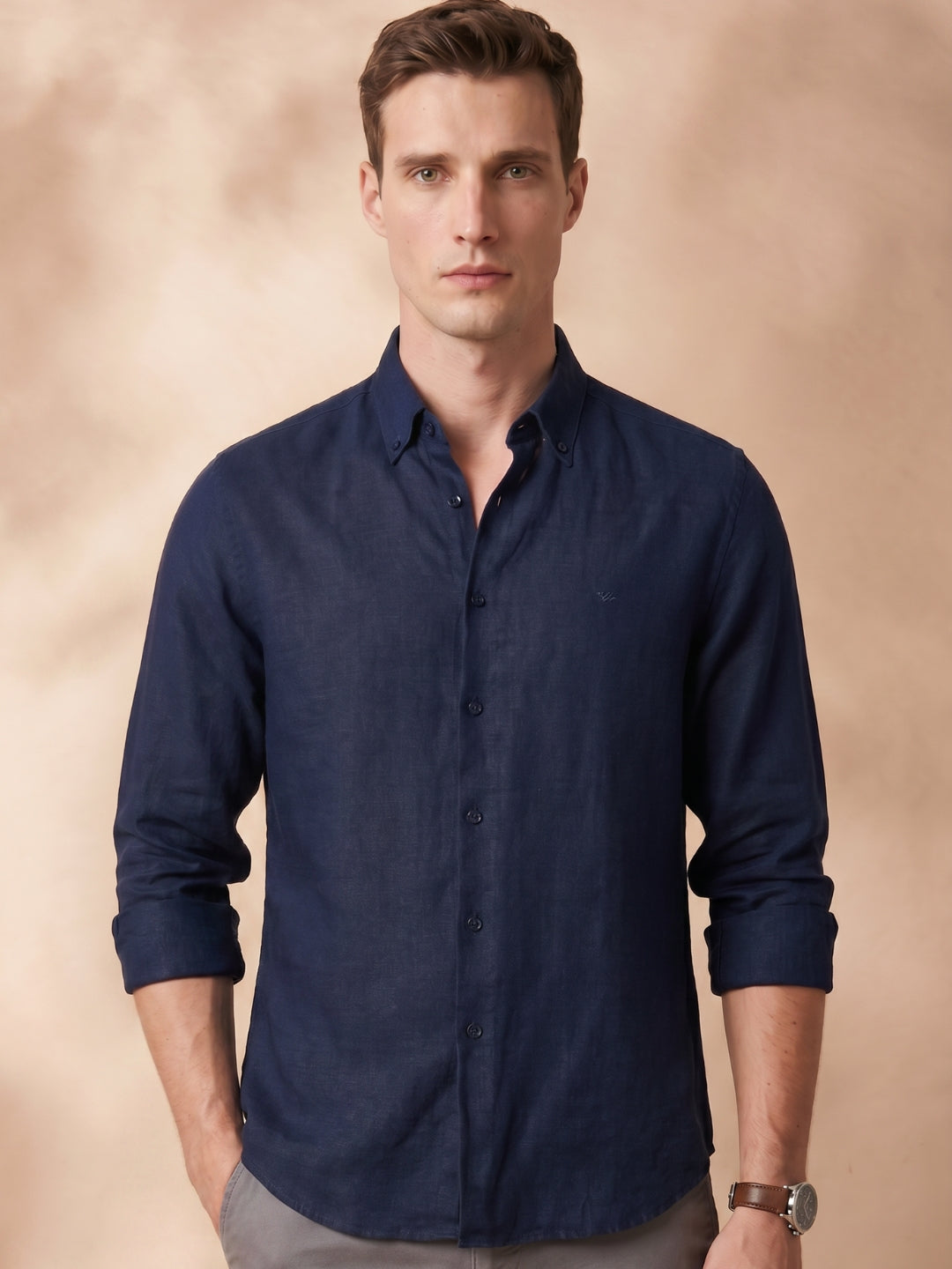 Regular Fit Navy Blue Linen Solid Casual Shirt for Men (LIBRA)