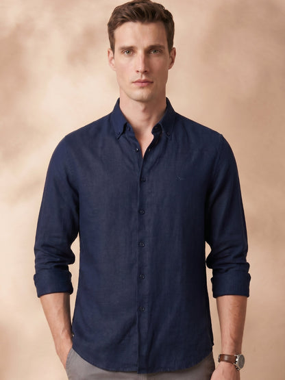 Regular Fit Navy Blue Linen Solid Casual Shirt for Men (LIBRA)
