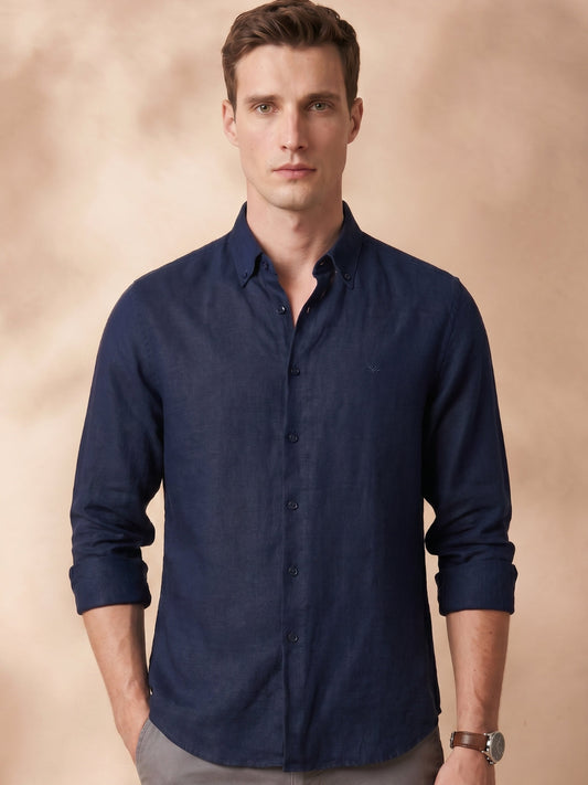 Regular Fit Navy Blue Linen Solid Casual Shirt for Men (LIBRA)