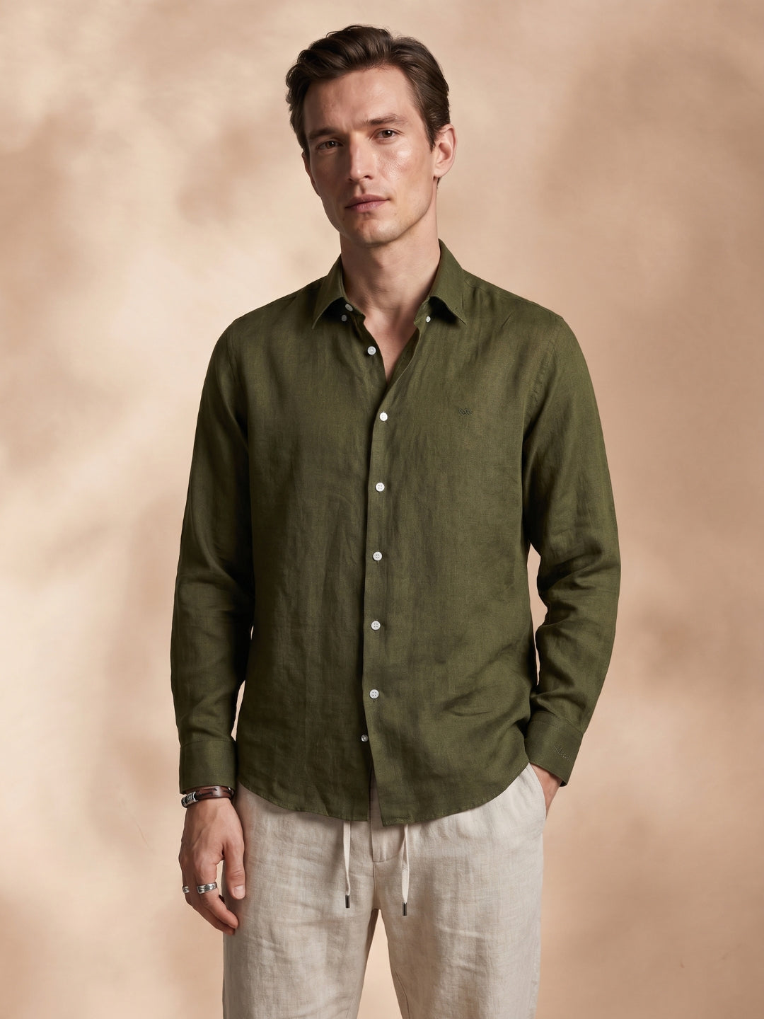 Regular Fit Linen Olive Green Casual Shirt for Men (LITRO)