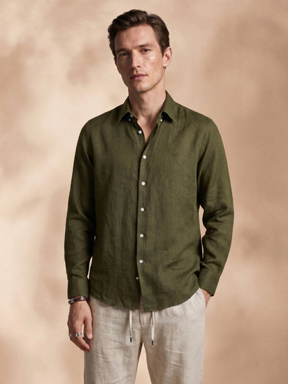 Regular Fit Linen Olive Green Casual Shirt for Men (LITRO)
