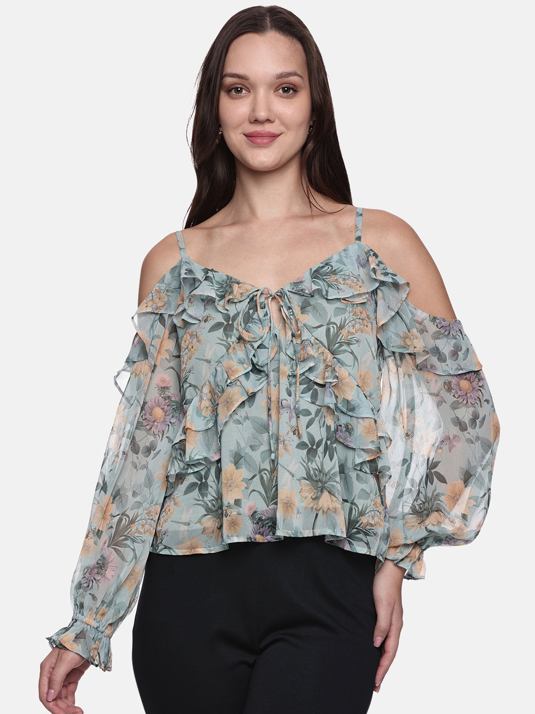 IS.U Floral Green Cold Shoulder Top