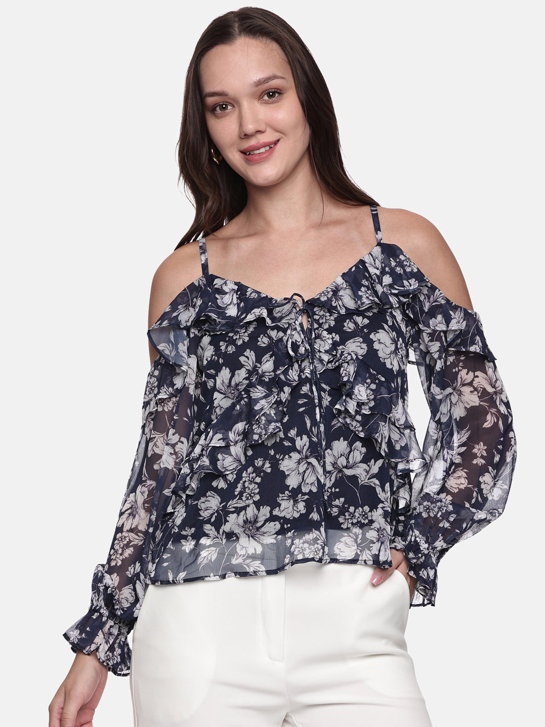 IS.U Floral Blue Cold Shoulder Top
