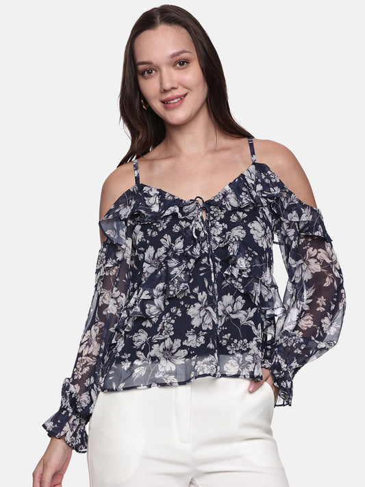 IS.U Floral Blue Cold Shoulder Top