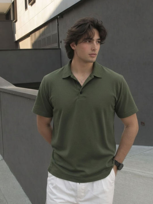 Men Solid Army Green Cotton Polo Collar Half Sleeve Regular Fit T-Shirt