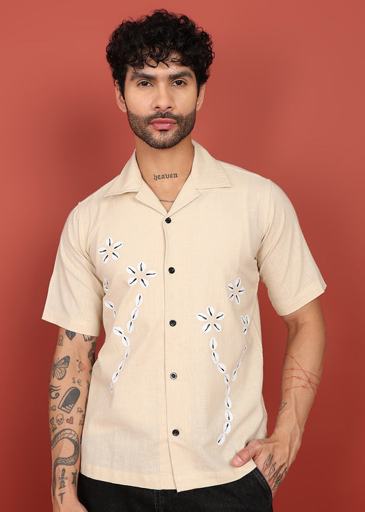 Men's Beige Linen Embroidered Resort Shirt