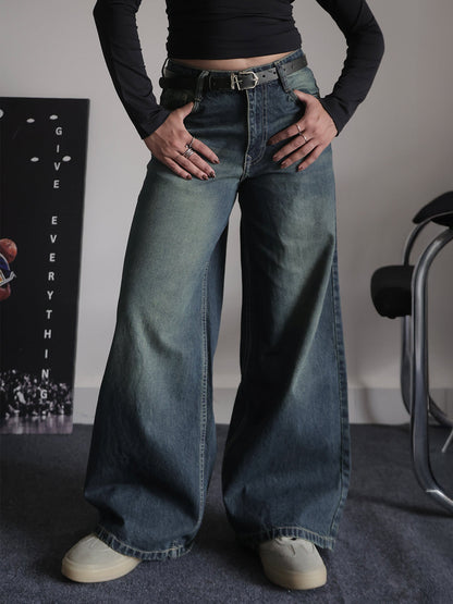 Retro Street Blue Tinted Wide Leg Jeans