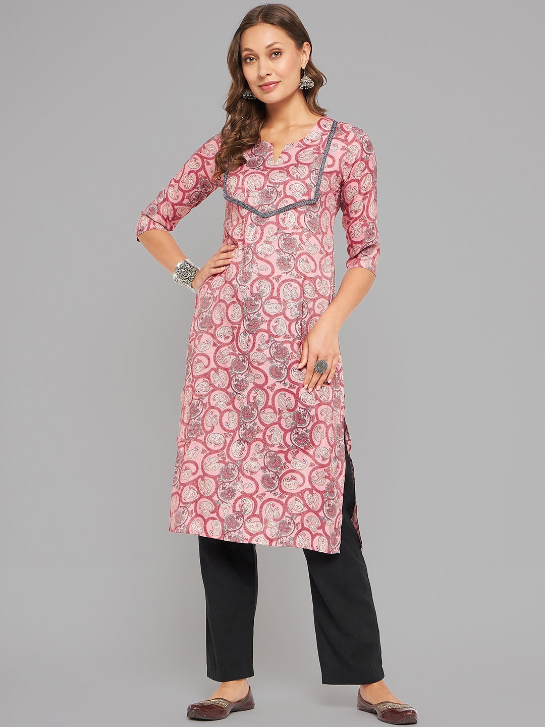 Women Pink Printed Straight Kurta Krya