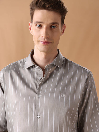 Grey Regular Fit Striped Formal Shirt for Men (FIANA)