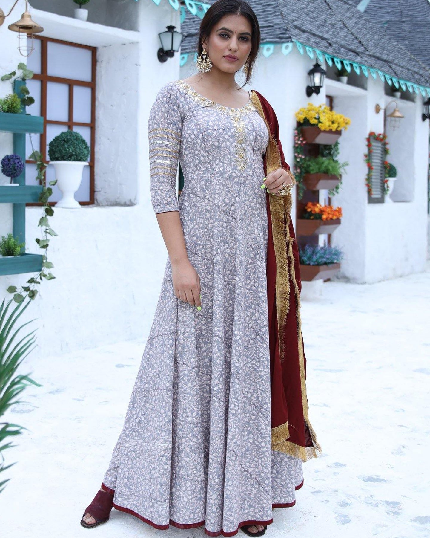 Grey Floor Length Suit Set