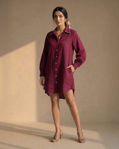 Maroon Linen Shirt Dress