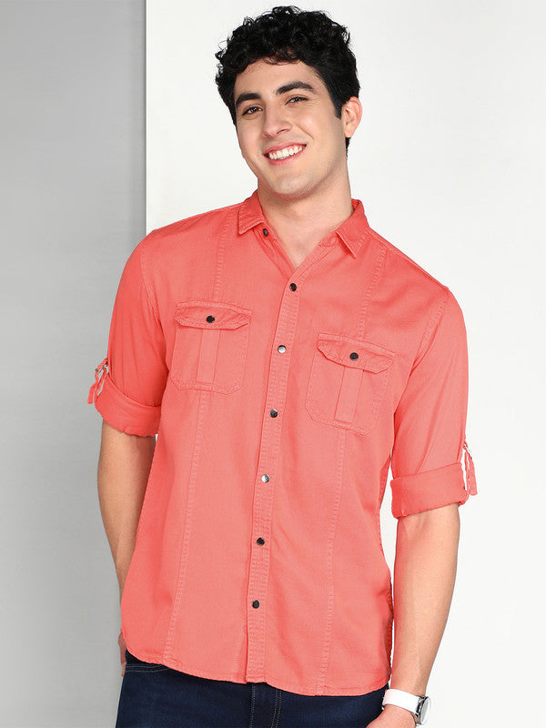 Kuons Avenue Men's Spicy Pink Cotton Twill Casual Shirt