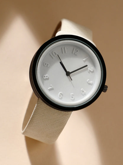 White & Black Analog Round Dial With Black Hour Marker & White Leather Strap