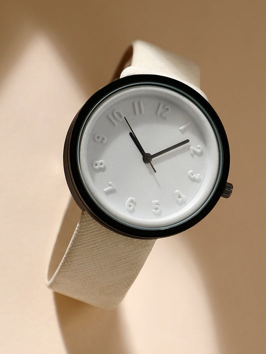 White & Black Analog Round Dial With Black Hour Marker & White Leather Strap