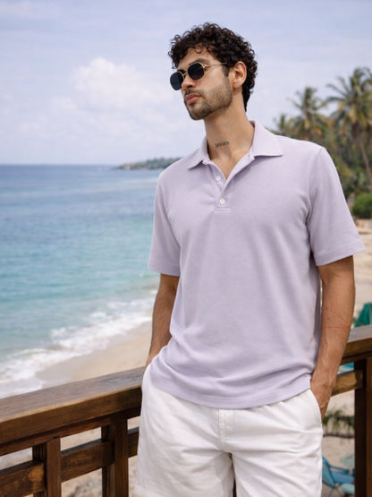 Men Solid Light Purple Cotton Polo Collar Half Sleeve Regular Fit T-Shirt