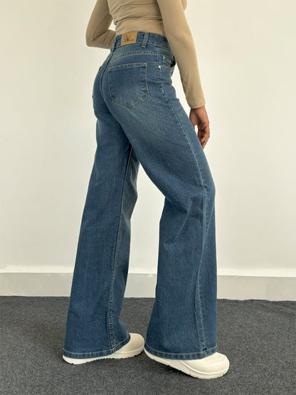 Luxe Vintage Aqua Blue Cat Whisker Stretchable Wide Leg Jeans