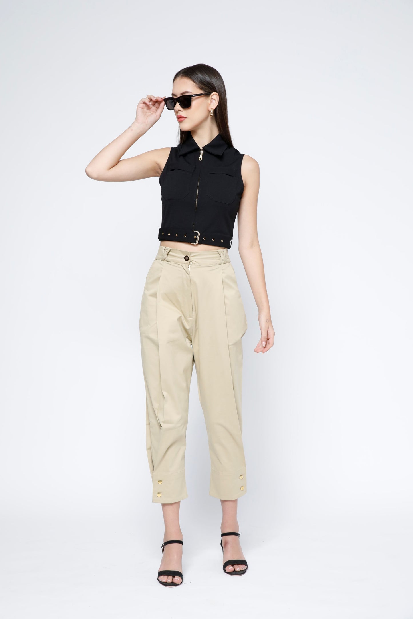 Gold Metal Zip Belted Crop Top -Black Beauty