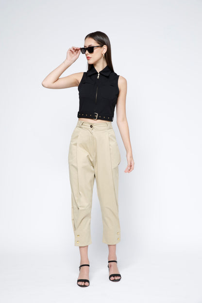 Gold Metal Zip Belted Crop Top -Black Beauty