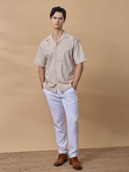 Beige Regular Fit Printed Casual Cotton Shirt for Men (LINDO)
