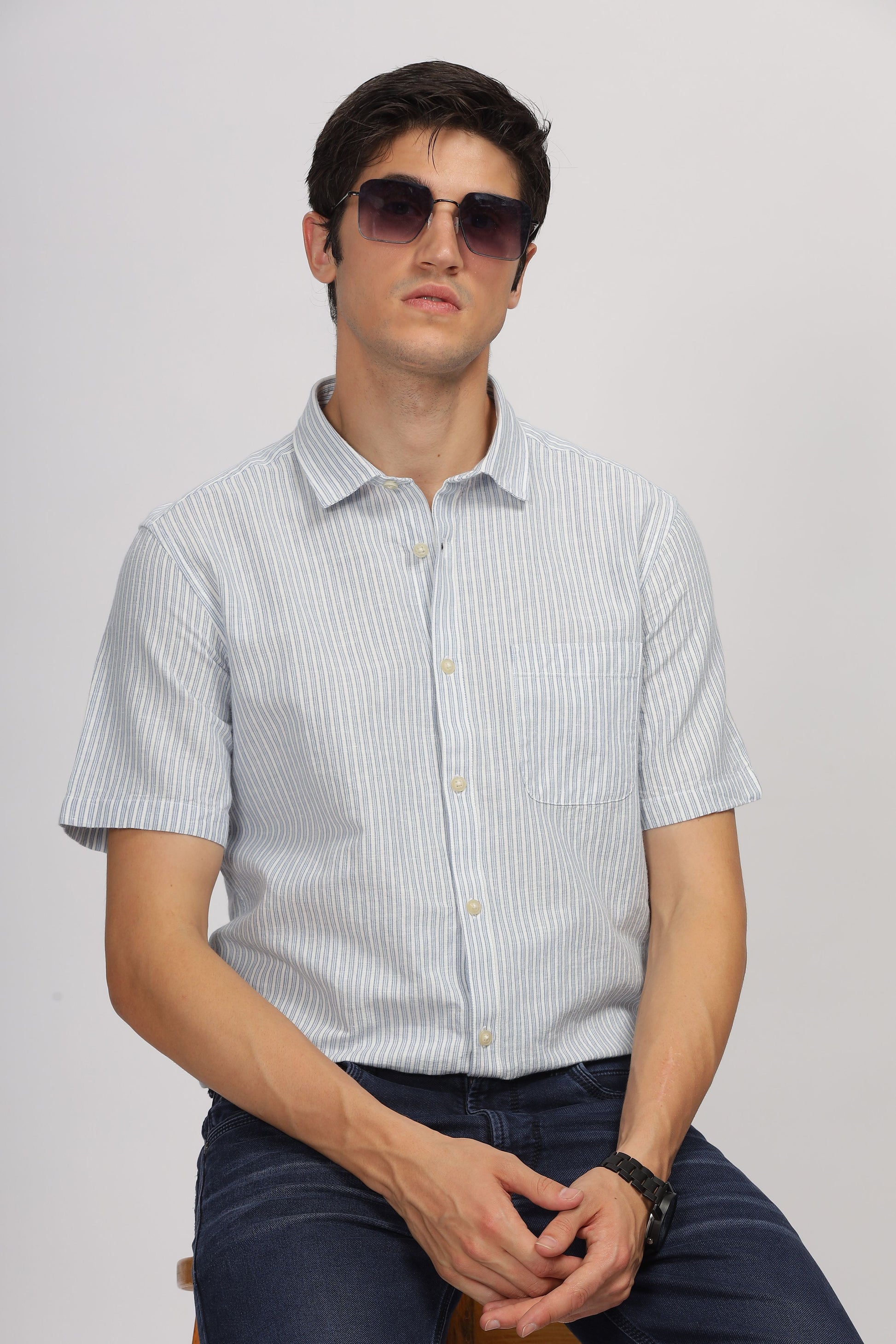 Uri Half Sleeve Linen Striped Shirt Uri