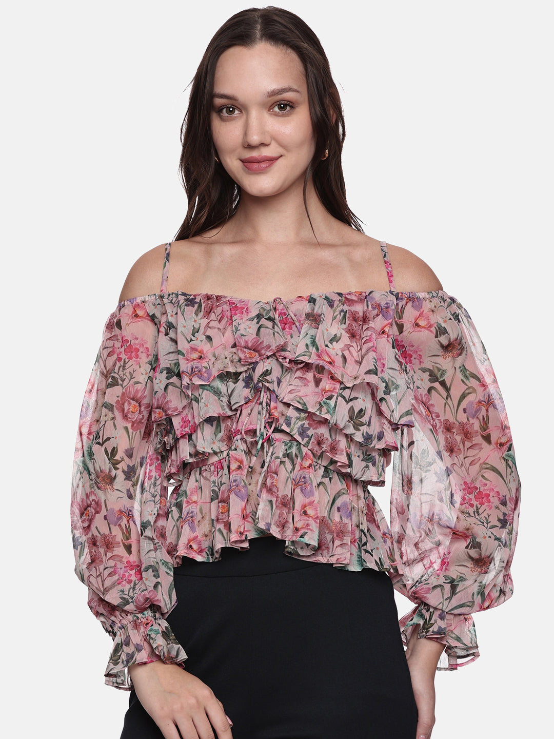 IS.U Floral Multicolor Gathered Cold Shoulder Top